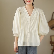Women Solid Color V Neck Hollow Patchwork Lantern Sleeves Shirts Tops