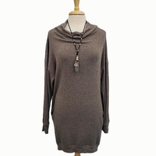 Womens M Brown Ribbed Cowl Neck Long Sleeve Knit Sweater Dress Cozy Casual