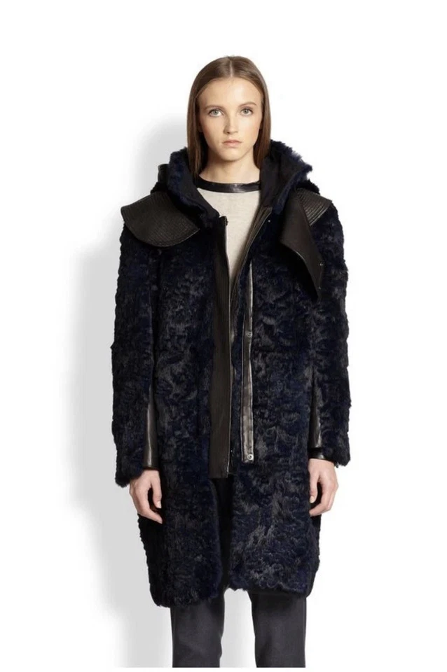 Abrigo Helmut Lang Fontana Azul Piel de Conejo Piel de Cordero Cuero SP Pasarela Parka Anorak Foto 3 de 4