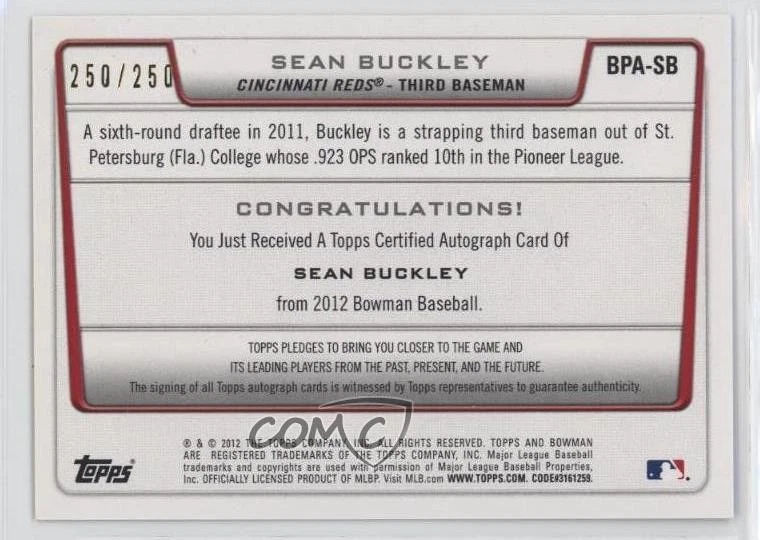 2012 Bowman Retail Prospect Auto Orange /250 Sean Buckley #BPA-SB Auto - Image 2 of 2