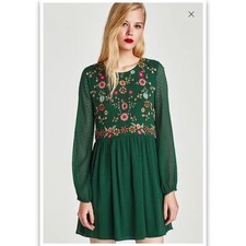 NWT ** Zara Green Floral Embroidered Dotted Mesh Dress Size M