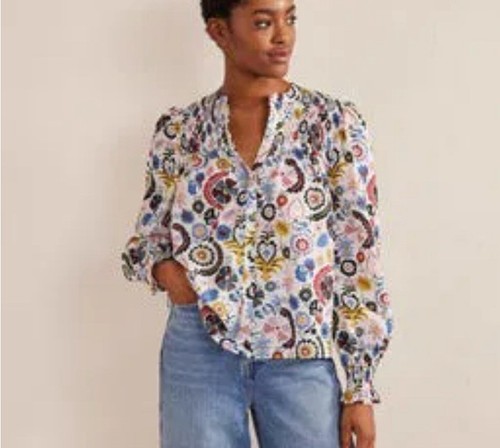 BODEN Floral Long Sleeve Smocked Yoke Shirt Sz 10 NWT