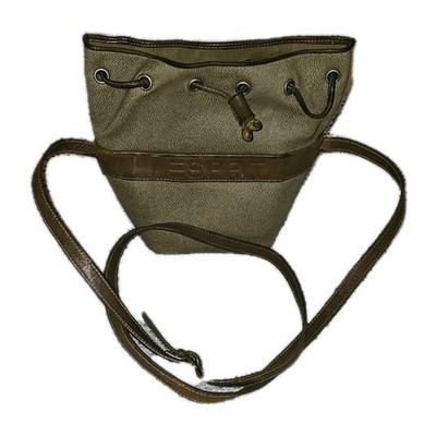 Esprit Leather Bucket Bag 1970s MCM 2 Tone Brown Drawstring Logo Adjustable Vtg