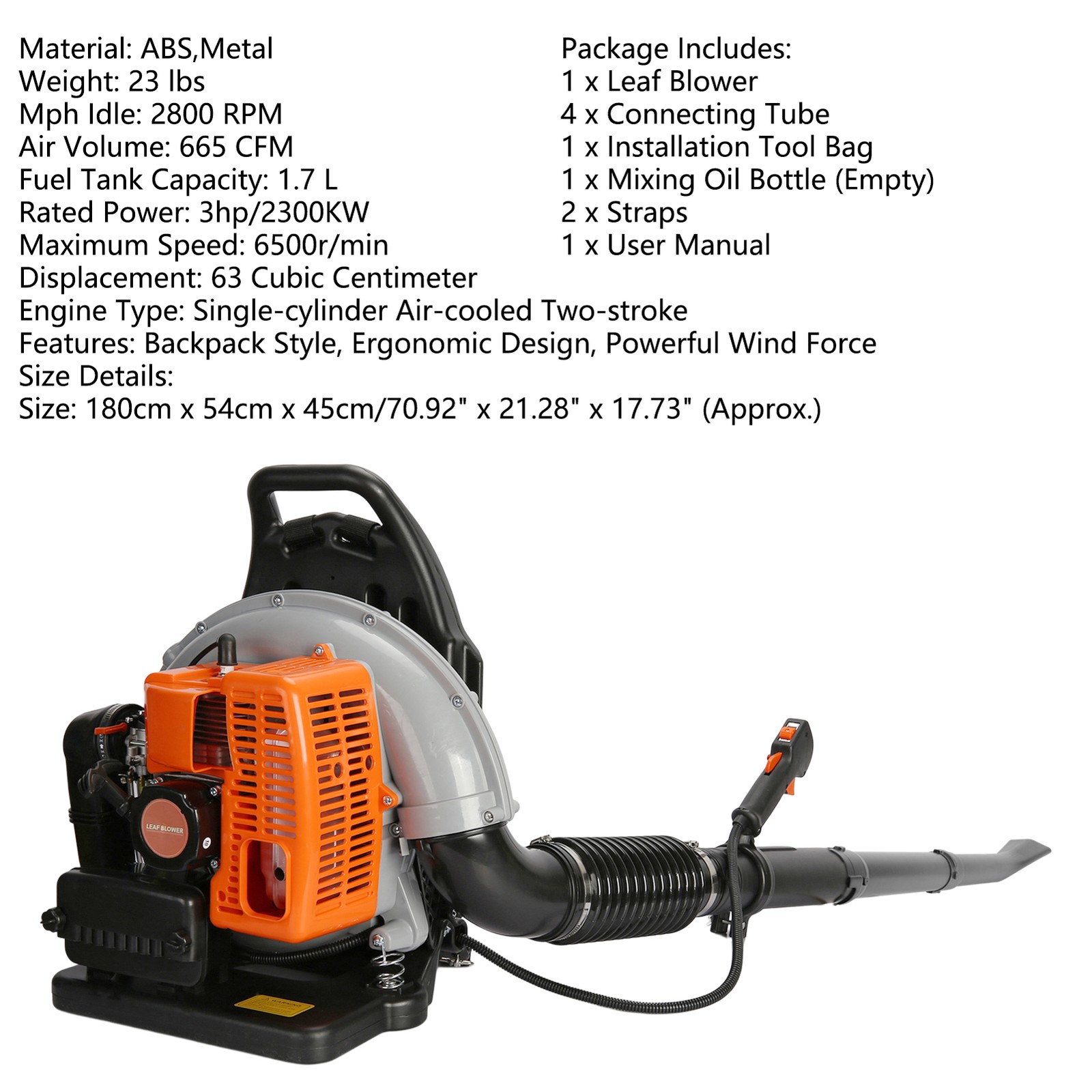 63cc 2-Stroke Leaf Blower 665CFM Air Volume Single-Cylinder Air-Cooled Snow New