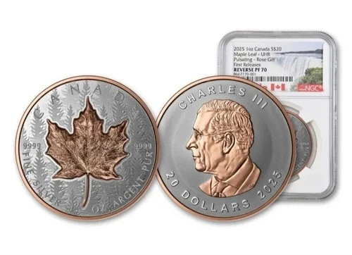 2025 Canada Maple Pulsating Rose Gold Gild 1 oz Silver NGC PF70 Reverse Proof FR