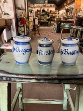 3 Rowe Pottery Works Salt Glaze Stoneware Herb Spice Jars &amp; Lids Parsley Basil