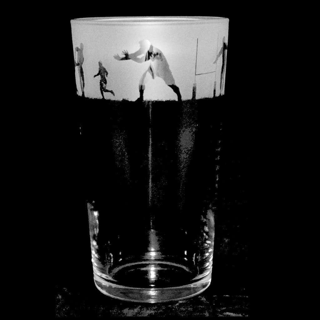 Beer Pint Glass Hand Etched Decorative Drinking Sport Fathers Day Gift Rugby