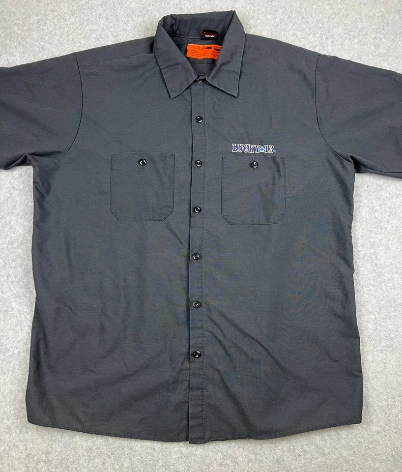 Camisa de Trabajo Lucky 13 XL Gris Calavera Moto Botón Delantero Manga Corta Gorra Roja Foto 2 de 4