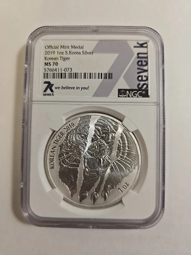 2019 S. Korea Silver Coin Korean Tiger NGC MS70 7K Label .999 Silver