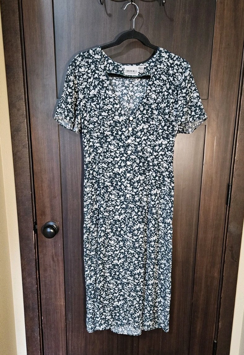 EUC Vintage 90s Whimsigoth Green & White Floral Corset Midi Dress Size 12 Large