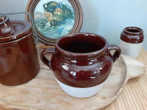 Vintage Pottery Stoneware Brown and Tan Bean Pot crock Handled Marking Canister 