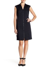 LAFAYETTE 148 New York Navy Blue V-Neck Front Zip Cotton Sheath LBD Dress 4 US