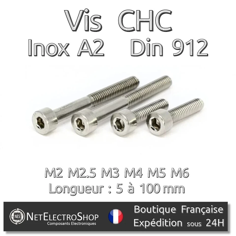 Vis CHC BTR ,Inox A2, DIN 912, 6 pans Hexagonale, M2 M2.5 M3 M4 M5 M6, 5 à 100mm - Photo 1/2