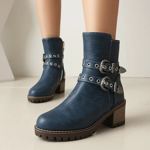 Women Booties Mid Chunky Heel Round Toe Zip Up Casual Buckle Fashion Ankle Boots - Bild 2 von 29
