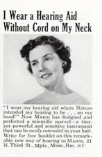 1955 Maico: Indossare un apparecchio acustico senza corda sul collo pubblicità stampa vintage