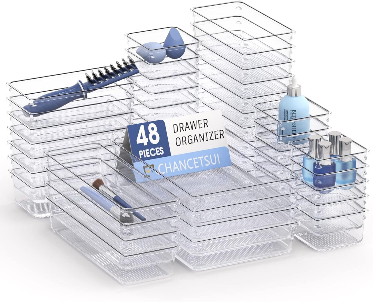 48Pcs Clear Plastic Drawer Organizer Set 4-Size Versatile 48 pcs, Transparent