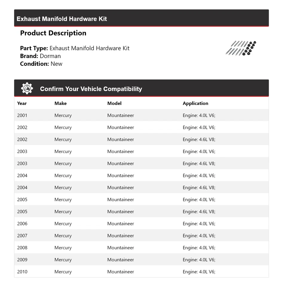 Kit de herrajes colector de escape Mercury Mountaineer Dorman 2001-2010 2002 2003 Foto 2 de 4