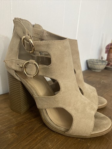 Apt 9 6.5 Beige Faux Suede Open Toe Block Heel Pumps Sandals - Picture 3 of 7