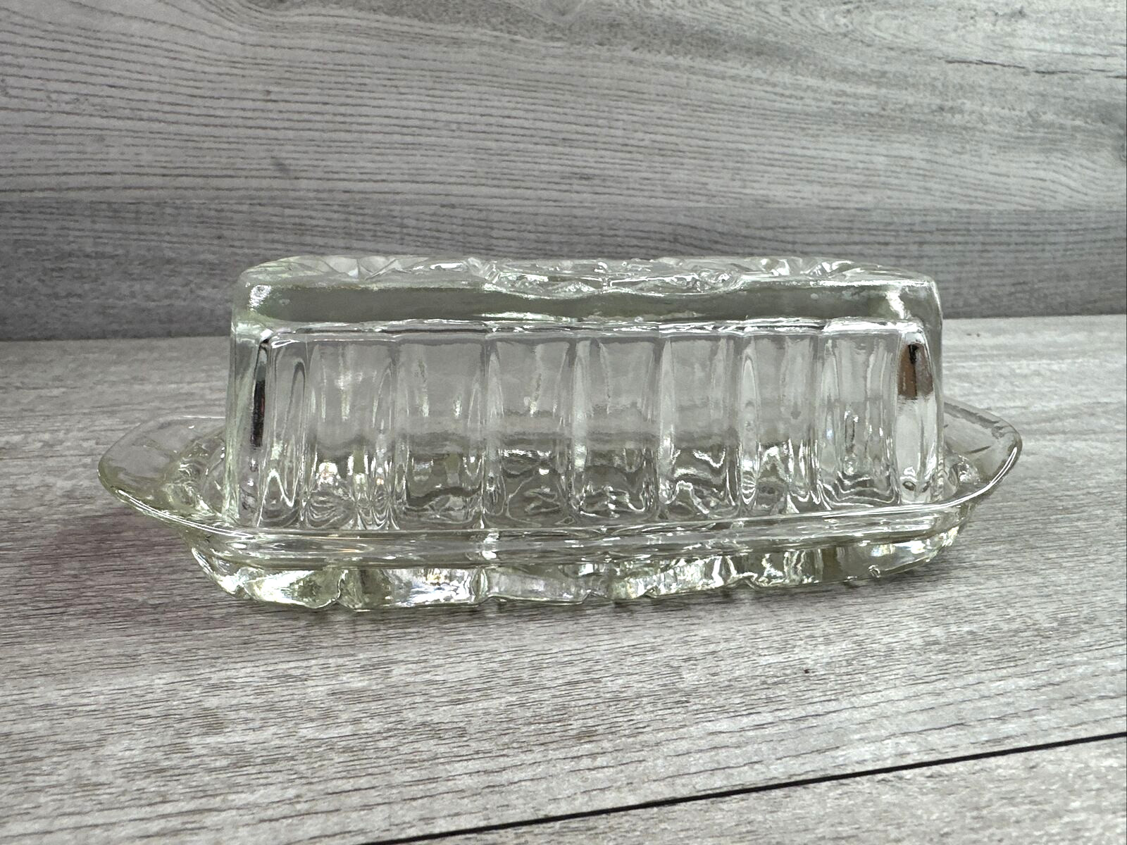 Vintage Unbranded Prescut Clear Glass Butter Dish 7 1/4" Star and Fan
