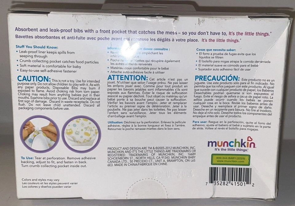 Baberos Desechables Munchkin con Miga Coleccionar Bolsillo A Prueba de Fugas y Absorbente 19 ct. Foto 2 de 4