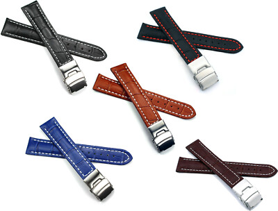 Genuine Leather Watch Strap & Stainless Steel Deployment Clasp 18 20 22 24 MM