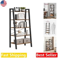 Rustic Brown 5-Tier Ladder Shelf, Industrial Bookcase, 22" Wide, Steel Frame,...