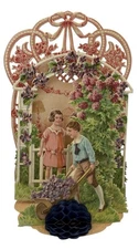 Vintage Valentine’s Day Card Stand Up Die Cut Honeycomb Children And Flowers