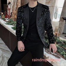 Men's Spring Slim One Button Sequined Suit Night Club Coat Stage Black Blazer