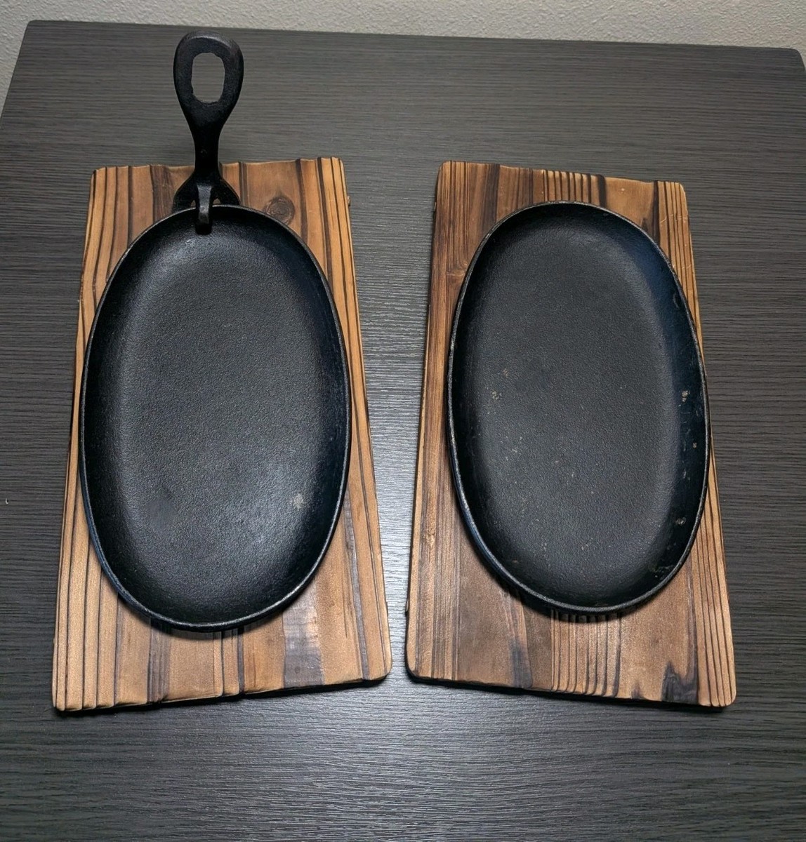 Vintage Cast Iron, Oval Sizzler Plates On Wooden Planks W/ Handle
