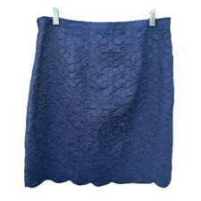Talbots Linen Skirt Womens 10 Navy Blue Floral Embroidered Eyelet Fully Lined