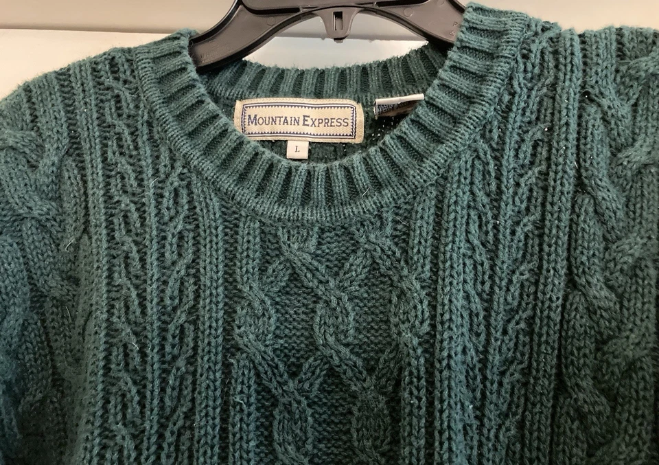 Vtg Mountain Express Men’s Green Heavy Cable Knit Pullover Sweater Sz L  ~1990s - Image 2 of 4