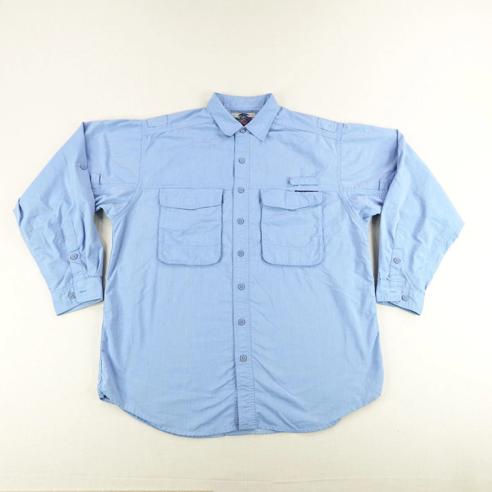 Vintage ExOfficio Shirt Mens XL Blue Button Up Roll Tab Fishing Hiking Camping