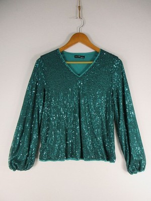 Emery Rose Top Womens M Teal Sequin V-Neck Long Sleeve Lined Party Blouse