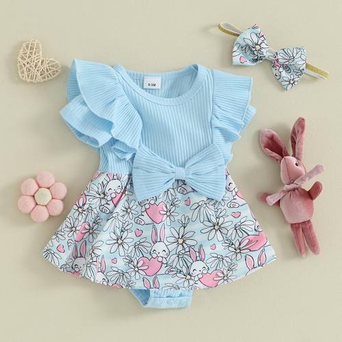 Newborn Baby Girl Easter Romper Dress Bunny Short Sleeve Ribbed Jumpsuit Skir... - Picture 3 of 7