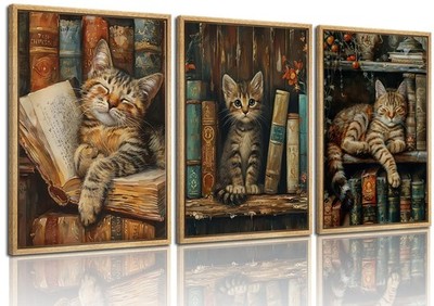 3Pcs Sleepy Library Cat Wall Art The Cats Fell Asleep In The Bookshelf Wall D...