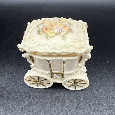 Resin Carriage Shaped Trinket Box with Floral Lid, Beige Brown, Fairy Tale Theme