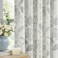 Blue Grey Blackout Curtain Panels Linen Botanical Leaf Print Floral Farmhouse...