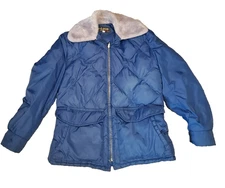 VTG Tempco Blue Jacket Men 44 Goose Down Quilted Puffer Coat Fur Trimmed USA (D5