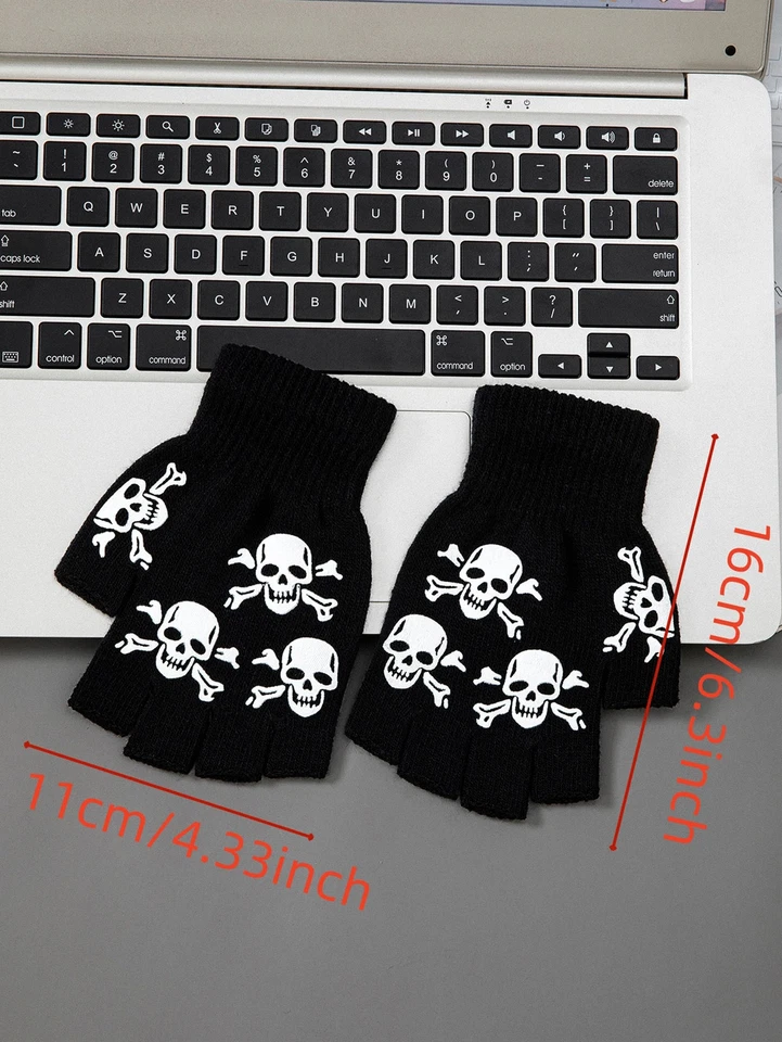 Guantes Esqueleto Calavera Medio Dedo Luminosos Estilo Halloween Mitón Negro Para Niños Foto 2 de 4