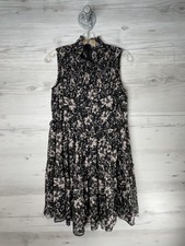 Taylor Dress Womens Small Black Floral Sleeveless Smocked Tiered Lined High Neck