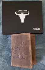 Mens RFID Cowboy Kneeling Cross Christian Brown Trifold Wallet Genuine Leather