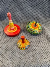 Vintage Tin  Wood Spinning Tops Lot   Noisemaker Whistle Top Wooden Toy Mid Cen