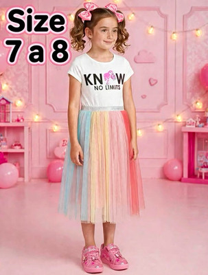 Barbie Girls 7-8Y White Graphic Top Rainbow Glitter Tulle Midi Tutu Dress