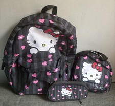 Hello Kitty Girls Black Plaid Hearts 3-Piece Backpack Set Lunch Bag Pencil Case