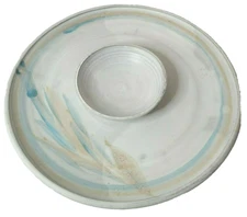Vintage Stoneware Art Pottery Chip And Dip Serving Dish Tray Round Blue Signed