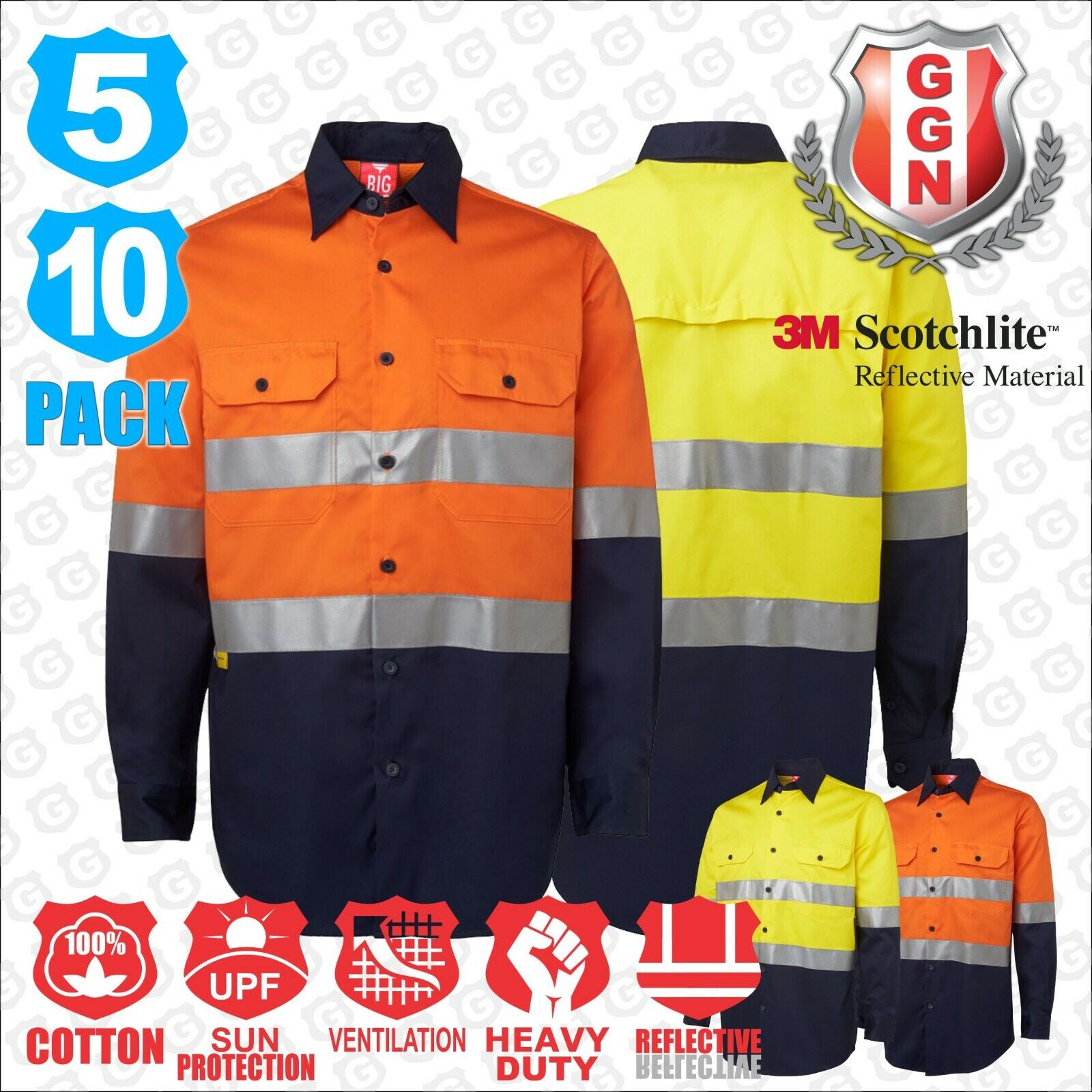 HI VIS Shirts Cotton Work Shirt 5 PACK Long sleeve Reflective Tape Back Vents