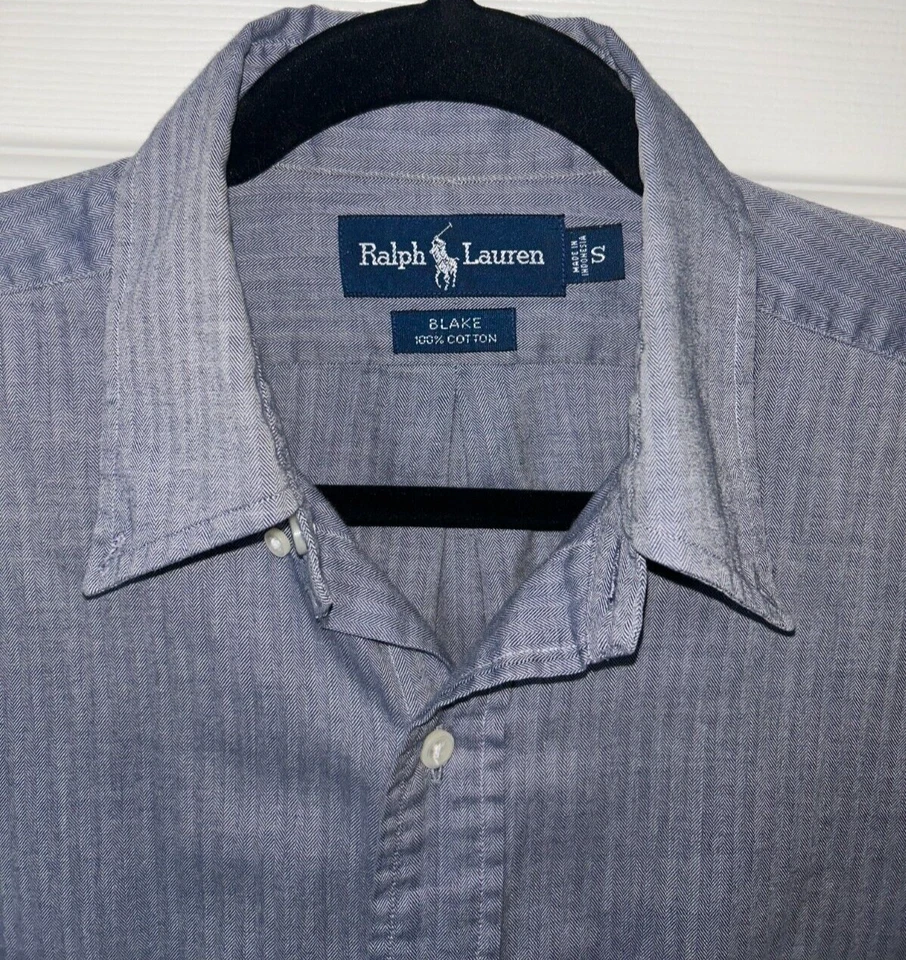 Camisa Ralph Lauren Hombre Pequeña Gris Azul 100% Algodón Manga Larga Calce Clásico Foto 3 de 4