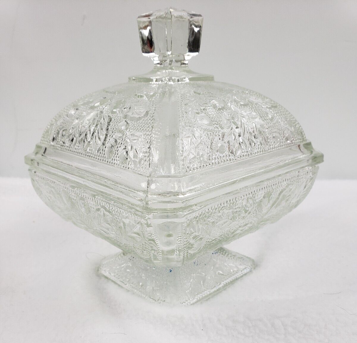 Square Glass 1950's Footed Candy Dish Acorn Oak Leaf design