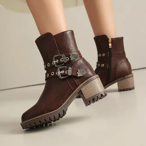 Women Booties Mid Chunky Heel Round Toe Zip Up Casual Buckle Fashion Ankle Boots - Bild 6 von 29