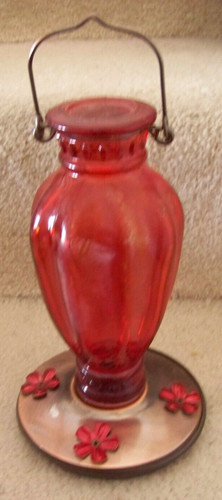 Hummingbird feeder, hanger, red glass, screw on metal & plastic base FREE SHIP